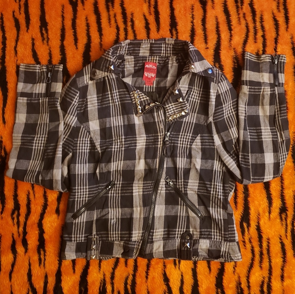 Gray and black plaid moto jacket with DIY studs